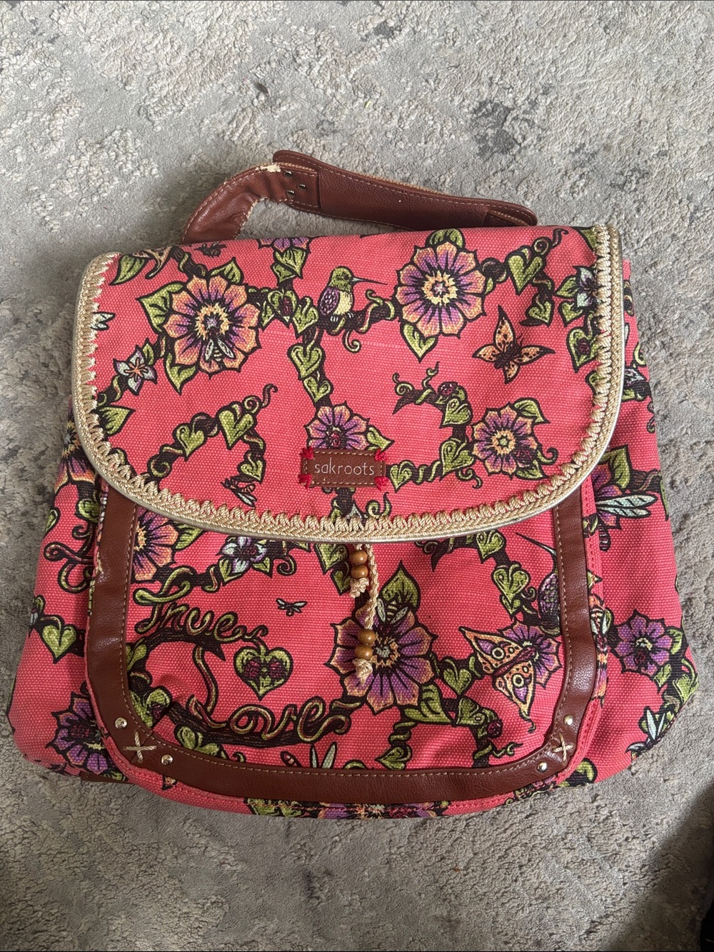 Sakroots Coral Pink Floral Canvas Backpack with Brown Trim
